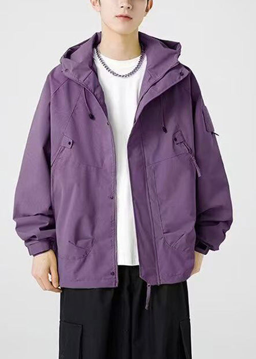 Hooded Loose Cotton Men Drawstring Pockets Purple Spring Coat
