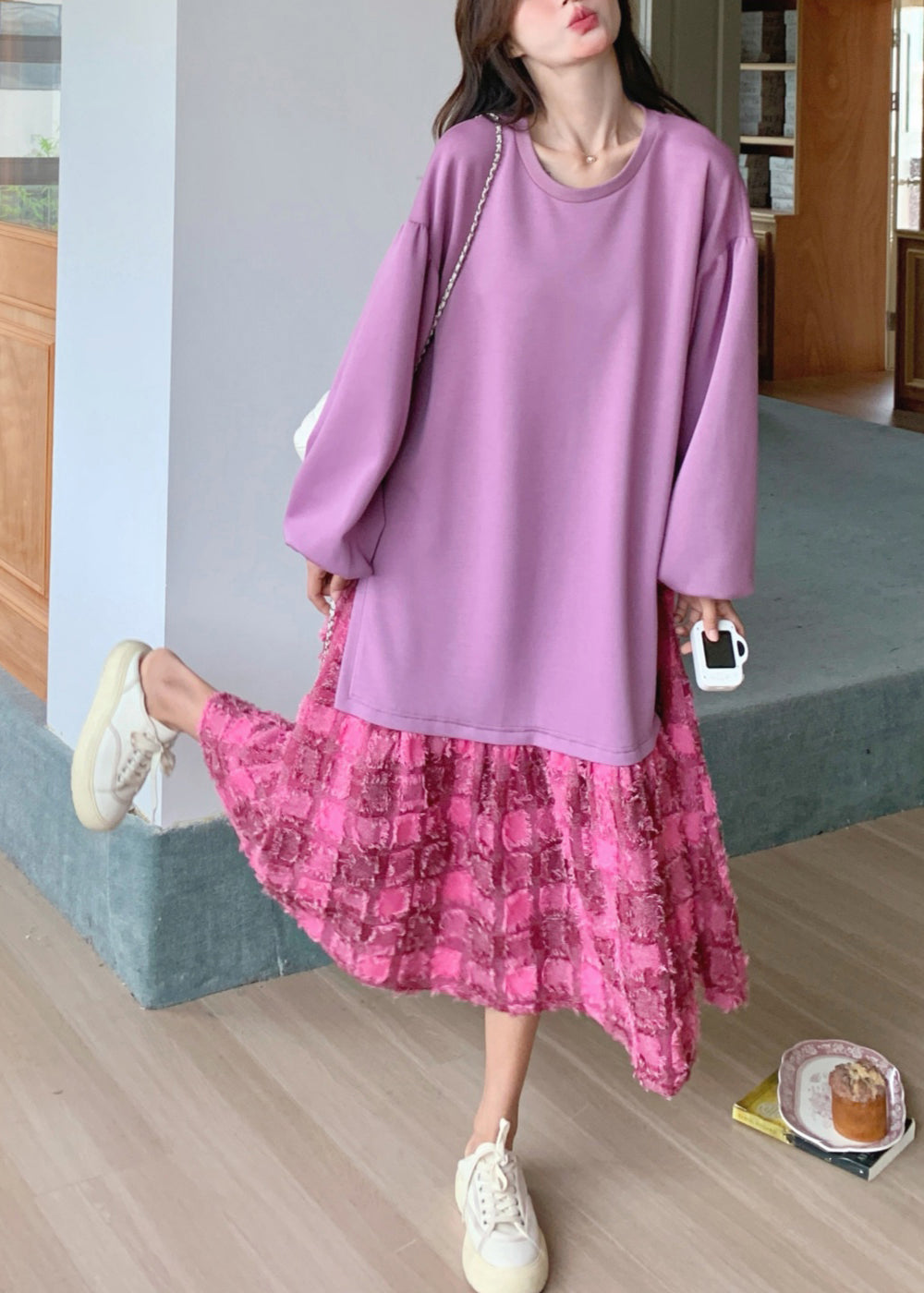 Plaid Spring Maxi Purple Dress Loose O-Neck