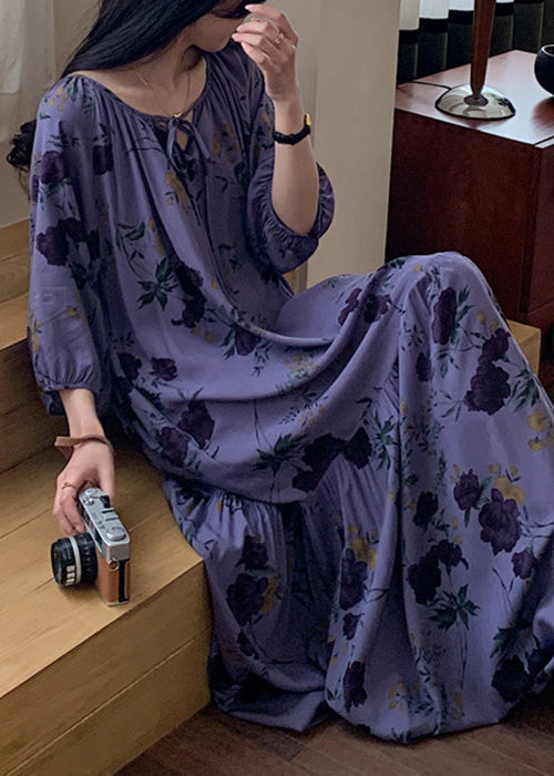 Summer Cotton Print Dresses Neck Purple Loose Wrinkled O Pajamas