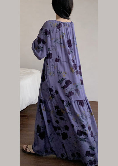 Summer Cotton Print Dresses Neck Purple Loose Wrinkled O Pajamas