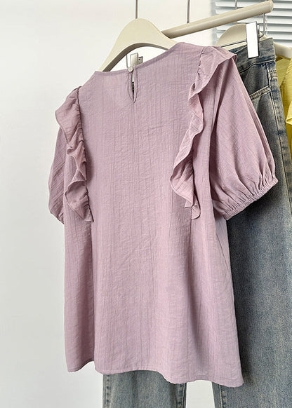Summer Purple Cotton O Loose Blouse Wrinkled Neck