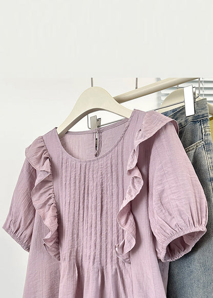Summer Purple Cotton O Loose Blouse Wrinkled Neck