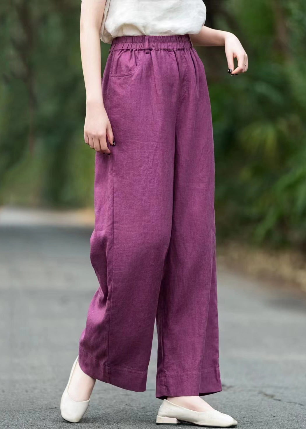 Pants Loose Pockets Solid Elastic Summer Waist Purple Linen
