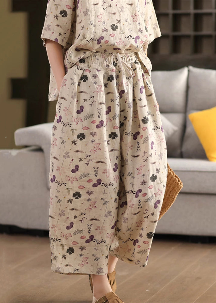 Loose Drawstring Linen Crop Summer Print Purple Pants