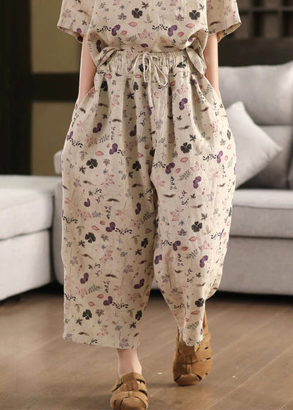 Loose Drawstring Linen Crop Summer Print Purple Pants