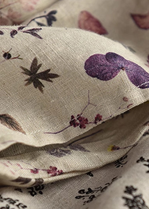 Loose Drawstring Linen Crop Summer Print Purple Pants