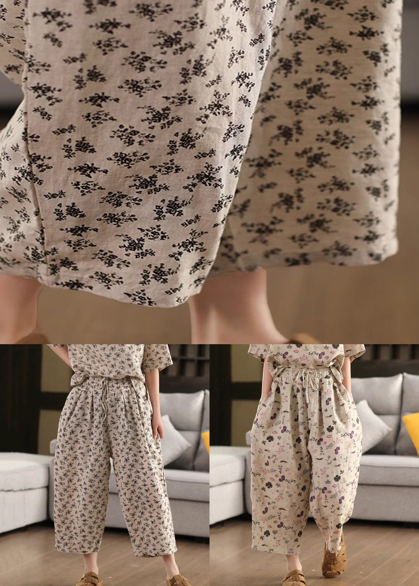 Loose Drawstring Linen Crop Summer Print Purple Pants