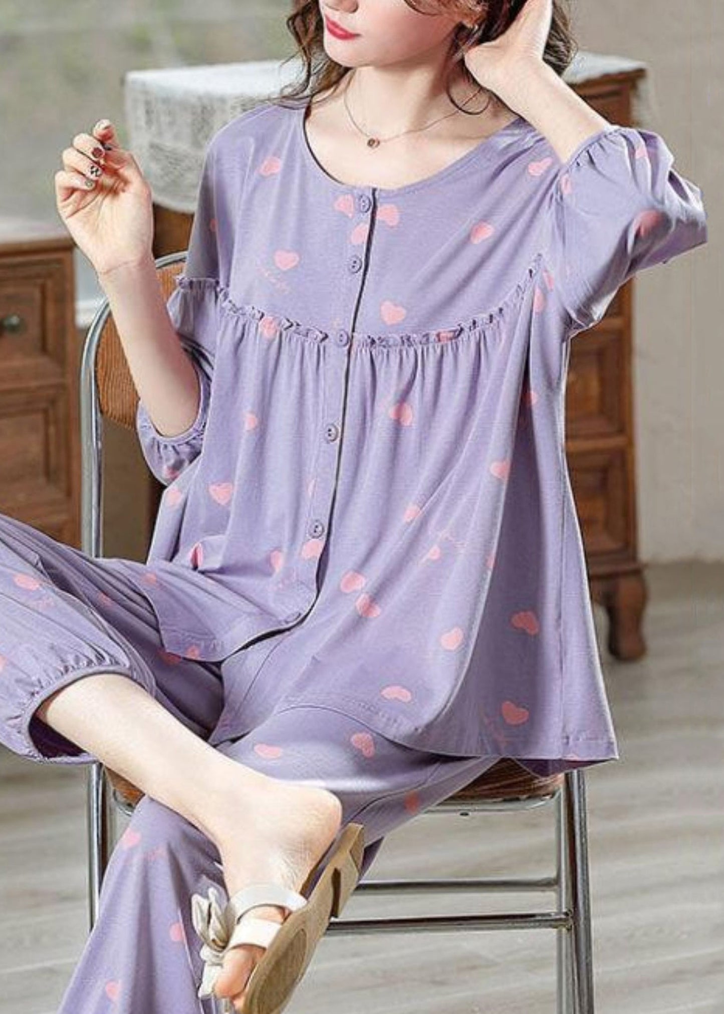 Two Pieces Pajamas Purple Cotton Set Ruffled Bracelet Loose Print