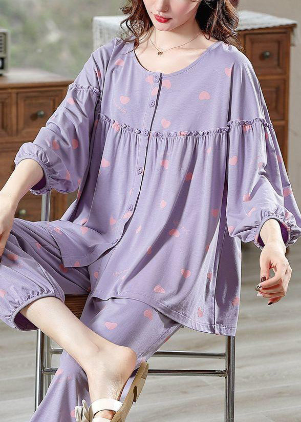 Two Pieces Pajamas Purple Cotton Set Ruffled Bracelet Loose Print