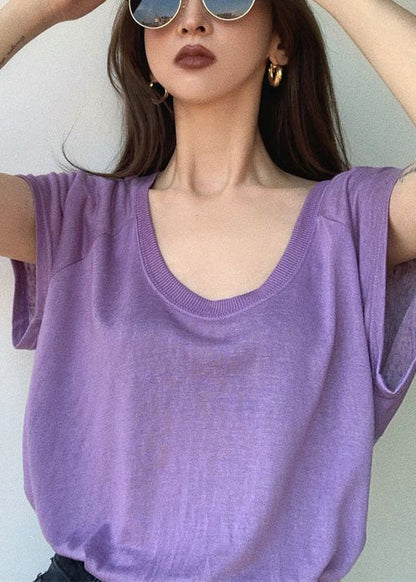 Loose Summer Cotton Shirts U T Neck Solid Purple
