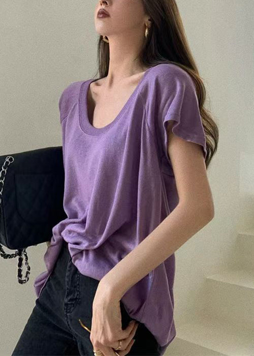 Loose Summer Cotton Shirts U T Neck Solid Purple
