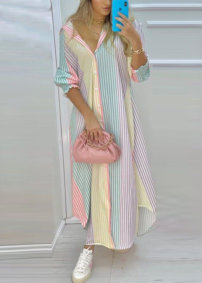 Dress Rainbow Shirts Loose Striped Spring Button Cotton