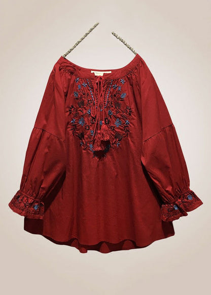 Loose Red Embroidered Lace Up Cotton Shirt Long Sleeve VV016