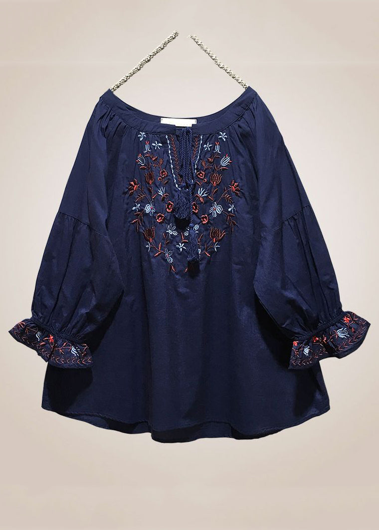 Loose Red Embroidered Lace Up Cotton Shirt Long Sleeve VV016
