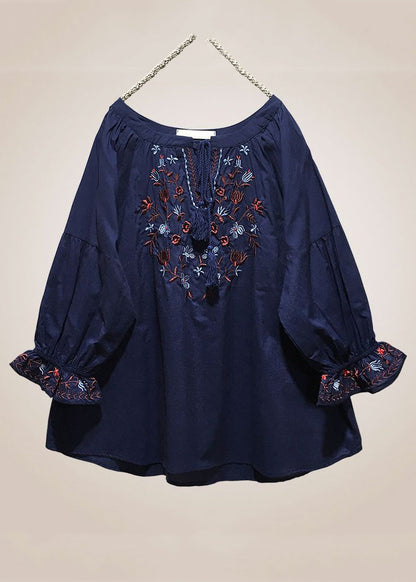 Loose Red Embroidered Lace Up Cotton Shirt Long Sleeve VV016