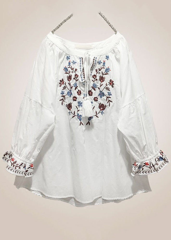 Loose Red Embroidered Lace Up Cotton Shirt Long Sleeve VV016