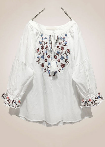 Loose Red Embroidered Lace Up Cotton Shirt Long Sleeve VV016