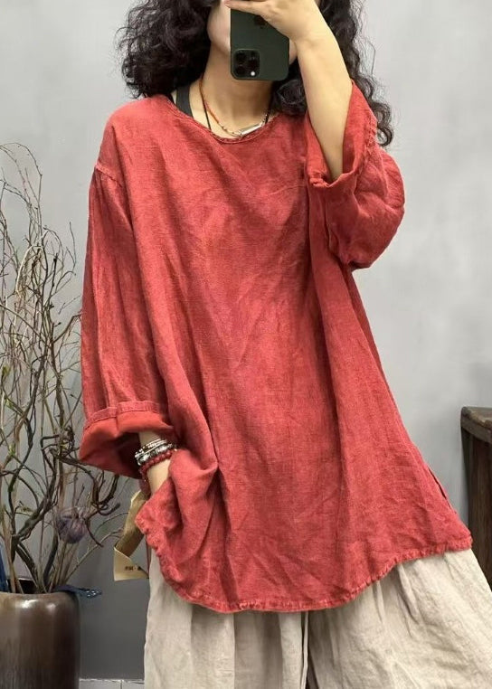 Ppen Linen Neck Red T Fall Loose Shirts O Side