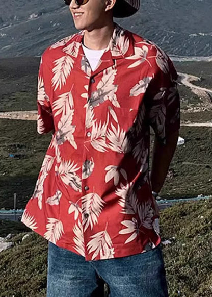 Red Peter Collar Print Summer Pan Men Shirt Cotton Button Loose