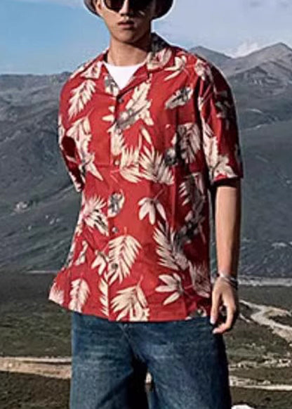 Red Peter Collar Print Summer Pan Men Shirt Cotton Button Loose