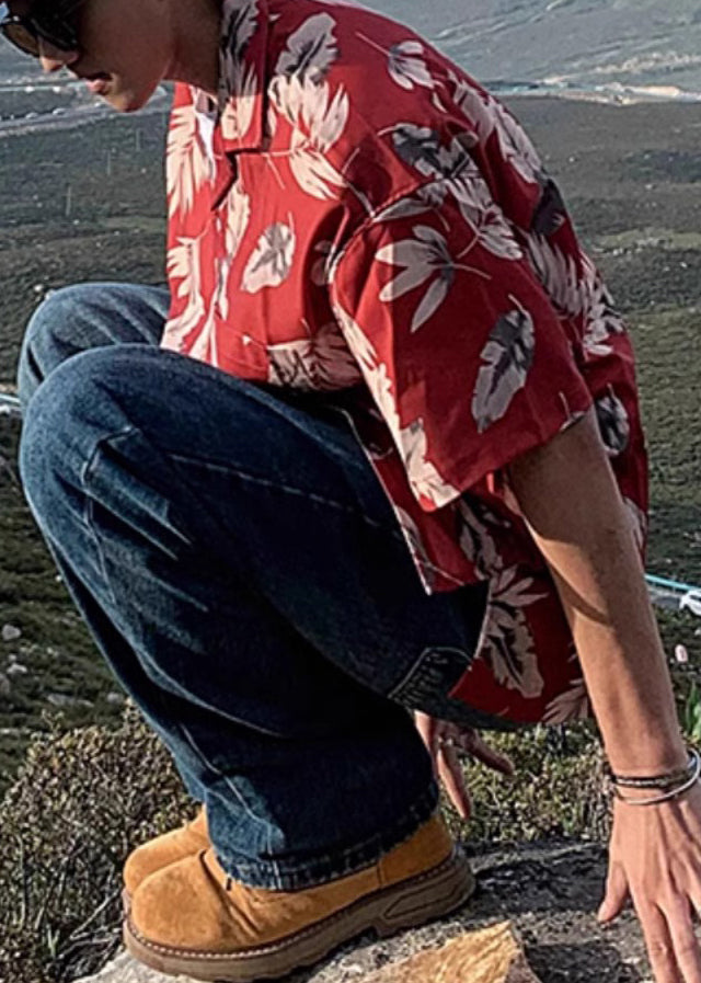 Red Peter Collar Print Summer Pan Men Shirt Cotton Button Loose