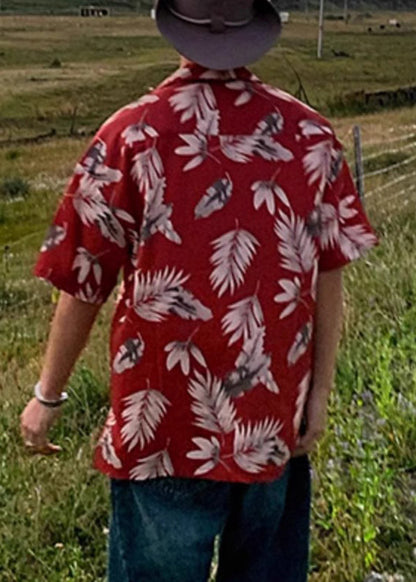 Red Peter Collar Print Summer Pan Men Shirt Cotton Button Loose