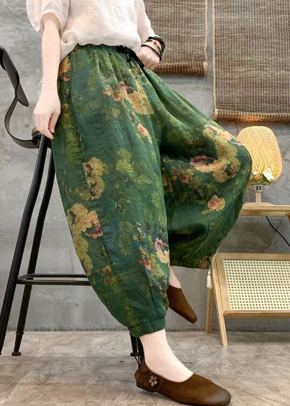 Loose Red Print Pockets Linen Crop Pants Summer GG057