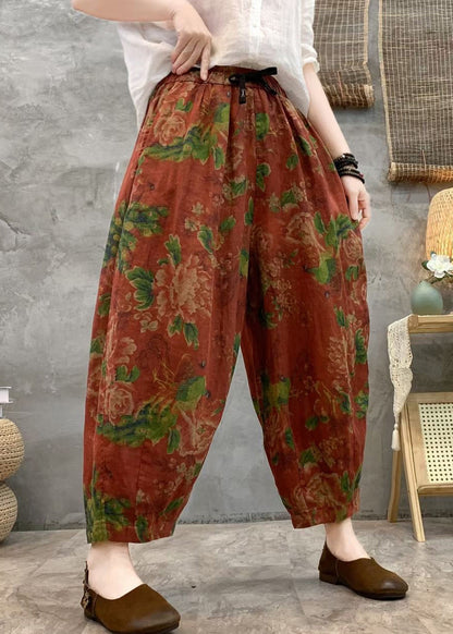Loose Red Print Pockets Linen Crop Pants Summer GG057