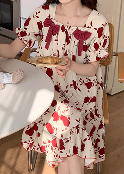 Loose Red Square Collar Bow Print Cotton Pajamas Dress Summer YK016