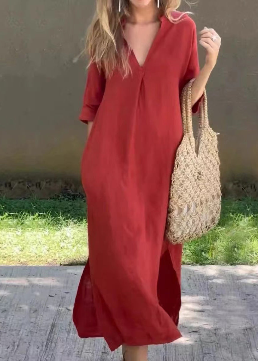 Half Holiday Neck Linen Open Side Loose Red Dress V Sleeve