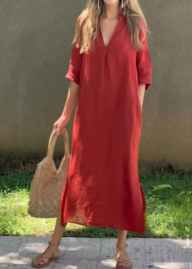 Half Holiday Neck Linen Open Side Loose Red Dress V Sleeve