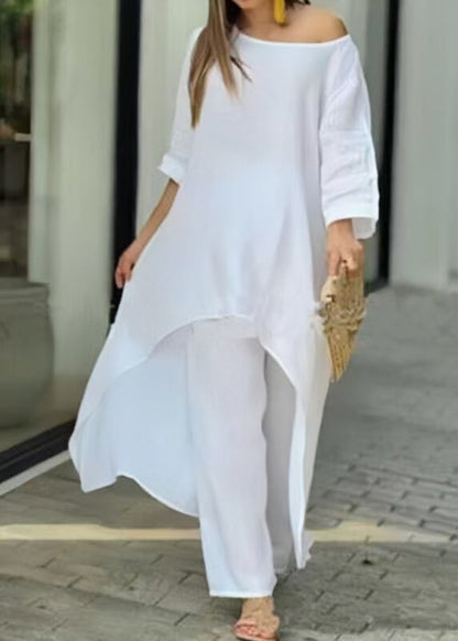 Solid Asymmetrical O-Neck Top Straight Two And Loose Rose Pants