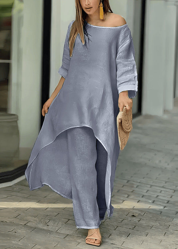 Solid Asymmetrical O-Neck Top Straight Two And Loose Rose Pants