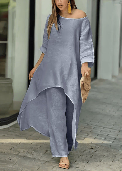 Solid Asymmetrical O-Neck Top Straight Two And Loose Rose Pants