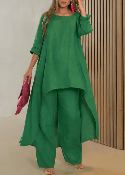 Solid Asymmetrical O-Neck Top Straight Two And Loose Rose Pants