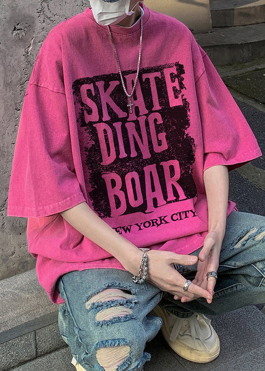 Cotton Letter Neck Shirt Half Sleeve Loose Rose O Men T