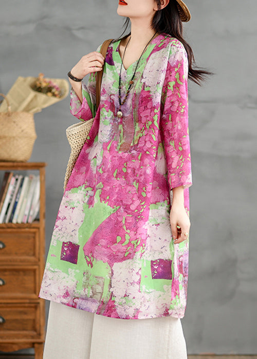 Dress Sleeve Cotton Bracelet Shirts Neck Loose V Print