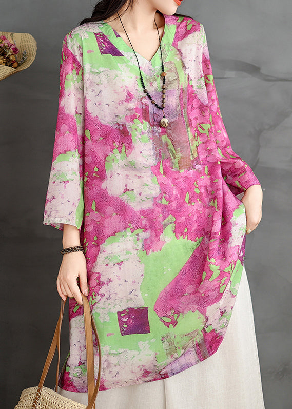 Dress Sleeve Cotton Bracelet Shirts Neck Loose V Print