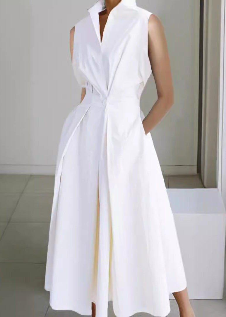 Sleeveless Button Solid Loose Pockets Long Dress White Cotton