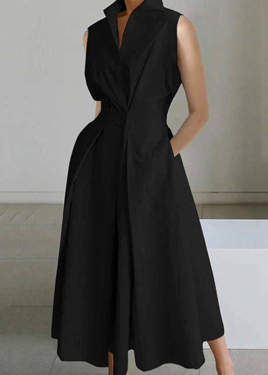 Sleeveless Button Solid Loose Pockets Long Dress White Cotton