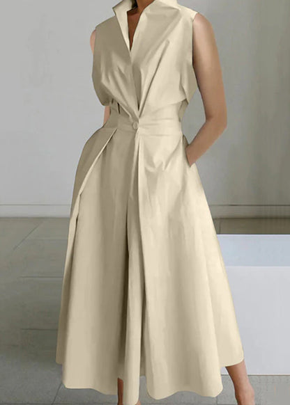 Sleeveless Button Solid Loose Pockets Long Dress White Cotton