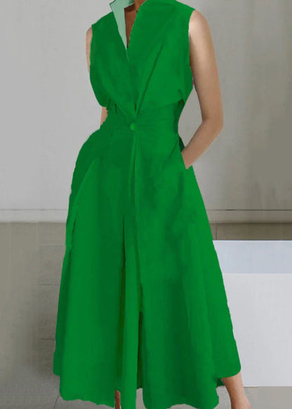 Sleeveless Button Solid Loose Pockets Long Dress White Cotton