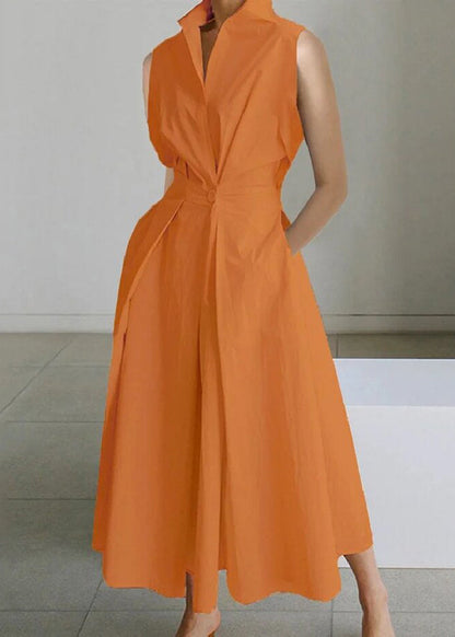 Sleeveless Button Solid Loose Pockets Long Dress White Cotton