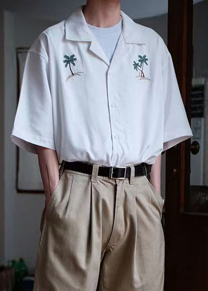 Button Summer Embroideried Shirts Cotton Loose White Men's