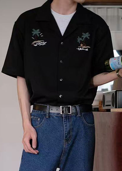 Button Summer Embroideried Shirts Cotton Loose White Men's