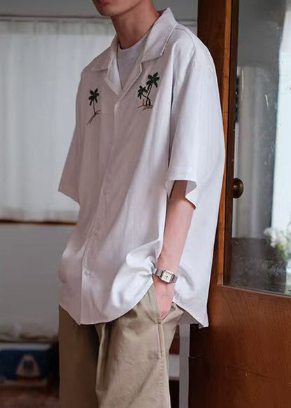 Button Summer Embroideried Shirts Cotton Loose White Men's