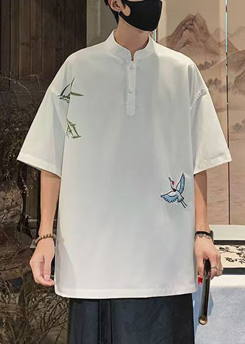 Collar Cotton Loose Stand White Half Button T Embroideried Shirts