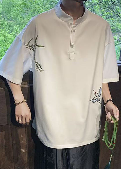 Collar Cotton Loose Stand White Half Button T Embroideried Shirts