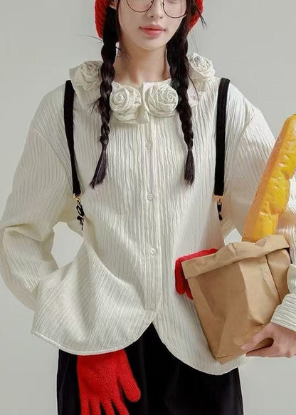 Cotton White Button Spring Shirt Floral Loose