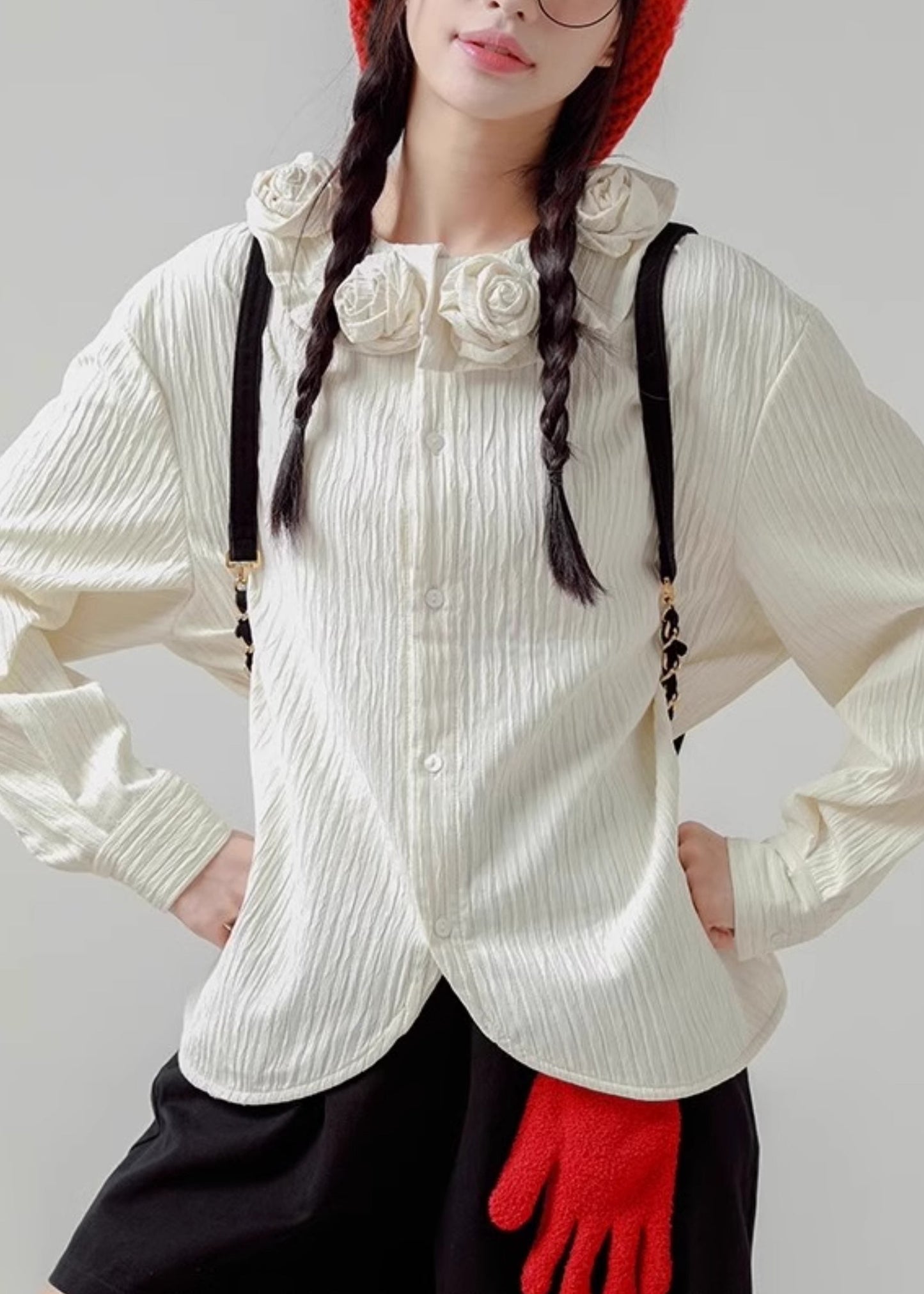 Cotton White Button Spring Shirt Floral Loose